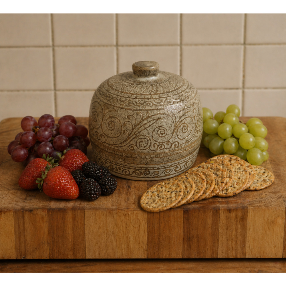 Pottery Scrollwork Design Pottery Covered Cheese / Butter Dish Tray Beige